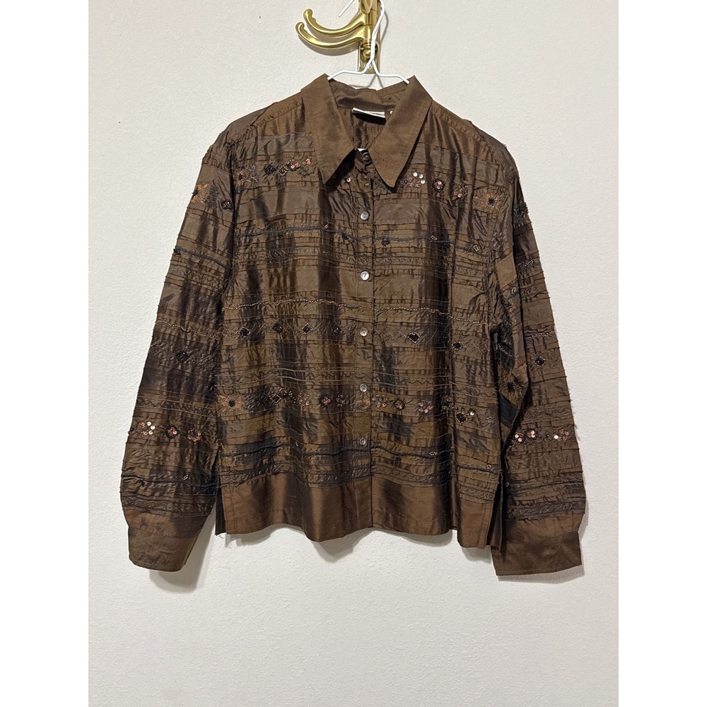 Chico's Design Button Down Shirt Womens 2/L Brown Silk Embroidered Sequin Beaded